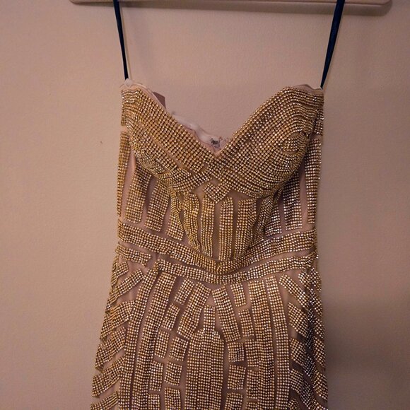 Andrea & Leo Gold Beaded Crystal Embellished Evening Strapless Gown Size 6 - Picture 5 of 13